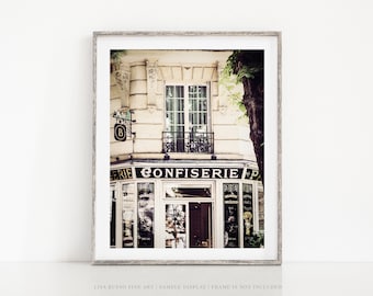 Montmartre Paris Bakery and Candy Shop Print for French Country Kitchen Wall Decor - Neutral Beige, Black - France Gift for Food Lover