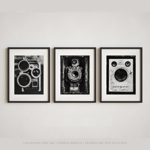 Black and White Vintage Cameras Print Set - Industrial Wall Decor - Gift for Him or Photographer Gifts - Office, Living Room Decor