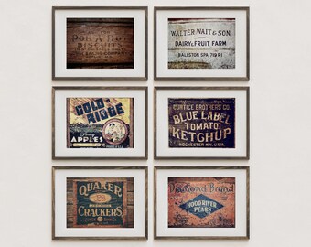 Farmhouse Kitchen Art Set - 6 Vintage-Themed Prints or Canvas Wraps in Warm Browns or Black and White - Rustic Dining Room Decor