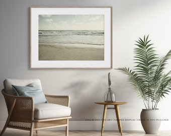 Minimalist Coastal Wall Art - Beach Print Ocean Seascape in Mint Blue Pastel Beige and Grey - Canvas or Print Home Decor