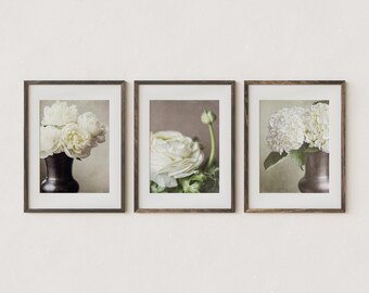 White Floral Print Set of 3 Unframed Photography Prints, Peony Hydrangea Ranunculus Wall Art, Neutral Bedroom Bathroom Decor Gift for Her