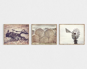 Rustic Farmhouse Prints Set - Beige Neutral Farm Wall Art for Home Decor - Housewarming or Kitchen Gallery Gift