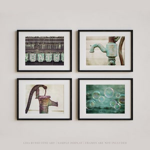 Bathroom Wall Decor - Vintage Green Teal and Aqua Theme - 4 Art PrintsCanvas Wraps - Farmhouse Powder Room - Bathroom Decor