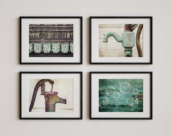 Bathroom Wall Decor - Vintage Green Teal and Aqua Theme - 4 Art PrintsCanvas Wraps - Farmhouse Powder Room - Bathroom Decor