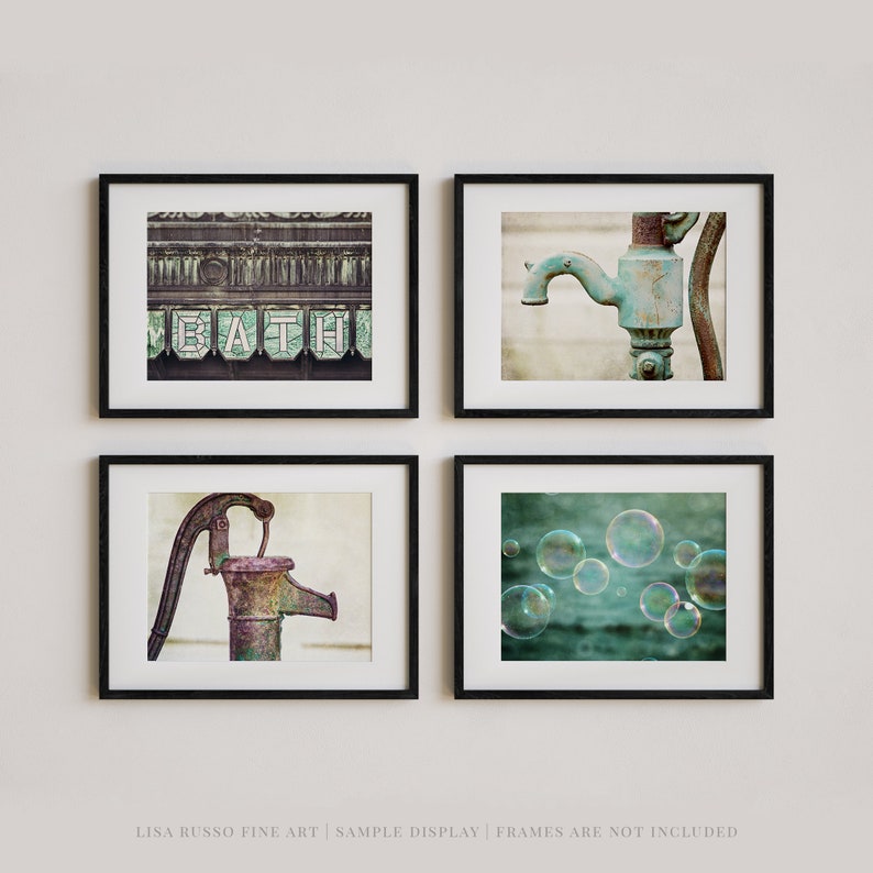 Bathroom Wall Decor Vintage Green Teal and Aqua Theme 4 Art PrintsCanvas Wraps Farmhouse Powder Room Bathroom Decor image 1