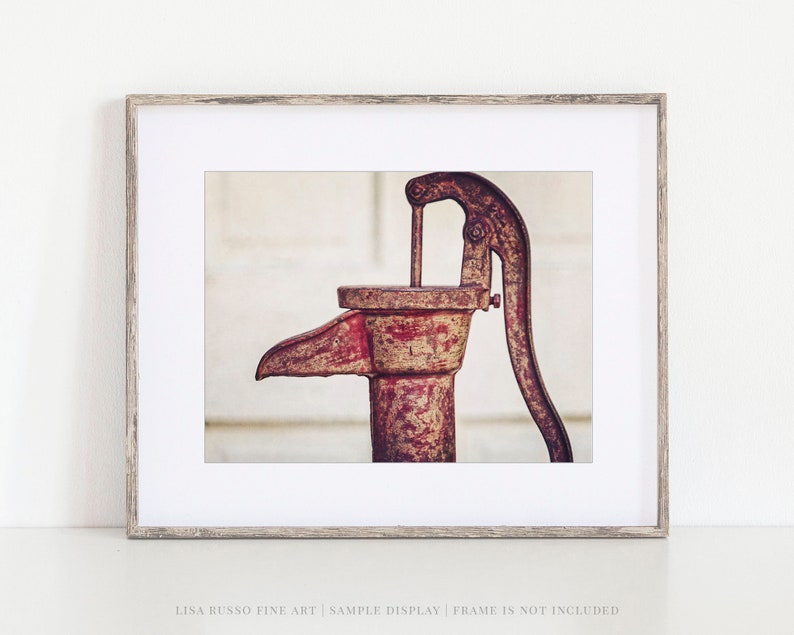 Farmhouse Kitchen Decor Vintage Red Pitcher Pump Photo Print or Canvas Art Gift for Her Bathroom or Laundry Room image 1