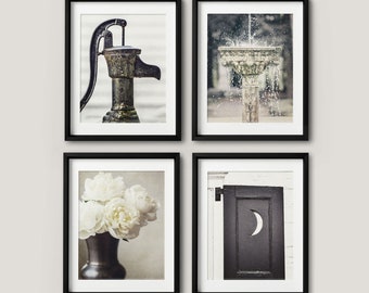 Set of 4 Vintage Bathroom Wall Art Prints or Canvas in Black, Green, Beige - Powder Room Decor