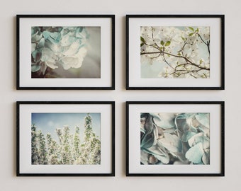 Blue Floral Art Print Set - 4 Pastel Flower Photos for Bedroom, Bathroom or Nursery - Shabby Chic Wall Decor Gift for Her