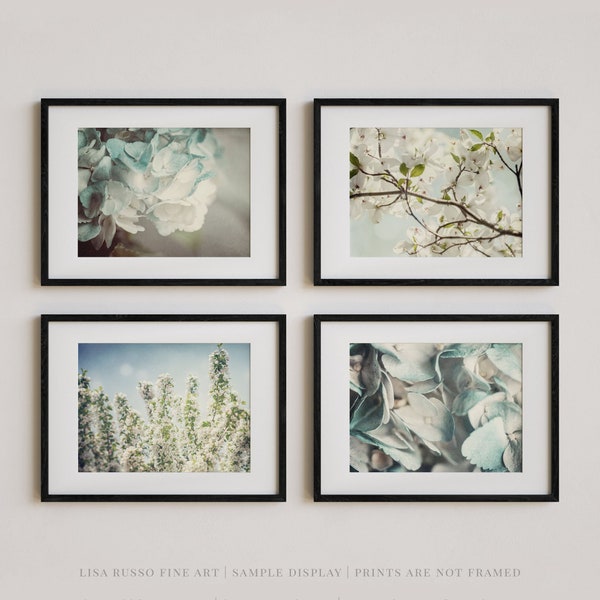 Blue Floral Art Print Set - 4 Pastel Flower Photos for Bedroom, Bathroom or Nursery - Shabby Chic Wall Decor Gift for Her