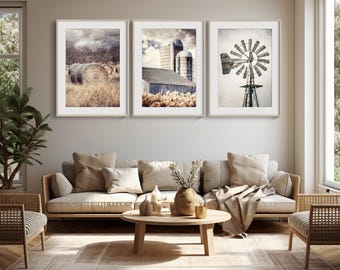 Farmhouse Wall Decor: Rustic Country Prints (Set of 3, Neutral Colors)