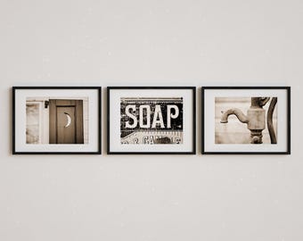 Sepia Bathroom Art Prints - Rustic Farmhouse Wall Decor Set - Unframed Photography Prints
