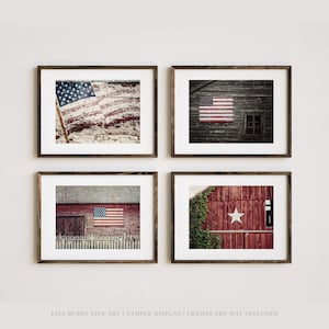 Set of 4 Barn Prints with American Flags and Stars - Patriotic Americana Decor - Red White Blue Farmhouse Wall Art - Perfect Gift for Mom