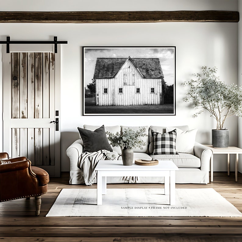 Black and White Wall Art Modern Farmhouse Print or Canvas Rustic White Barn Landscape Photo for Family Room, Living Room or Office Decor image 3