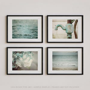 Aqua Coastal Bathroom Art Prints: Beach, Hydrangea, Rustic Pump