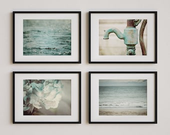 Aqua Coastal Bathroom Art Prints: Beach, Hydrangea, Rustic Pump