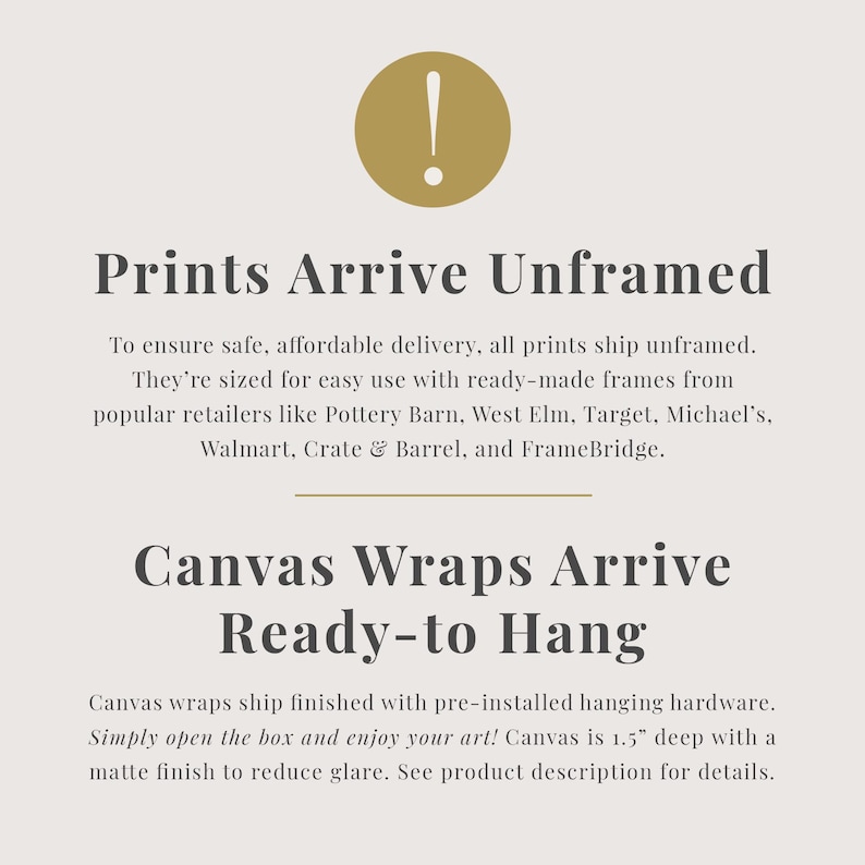 text that provides information about the arrival of canvas prints and the process of hanging them. It mentions that canvas prints are arriving unframed and ready-to-hang, and that they are ship-framed with pre-installed hanging hardware. The text also mentions that the canvas wraps are 1.5" deep with a matte finish to reduce glare. The image does not contain any additional information that can be described in fewer than 500 characters.