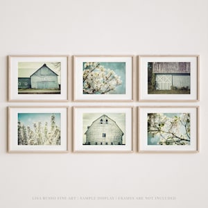 Modern Farmhouse Barn and Floral Print Set - Pastel Aqua and Teal - Shabby Chic Style - Country Barn and Floral Photography - Set of 6