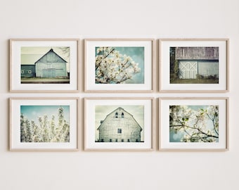 Modern Farmhouse Barn and Floral Print Set - Pastel Aqua and Teal - Shabby Chic Style - Country Barn and Floral Photography - Set of 6