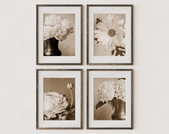 Sepia Floral Wall Art Canvas or Prints - Set of 4 - Antique-Look Bathroom Bedroom or Kitchen Decor - Gift for Mom