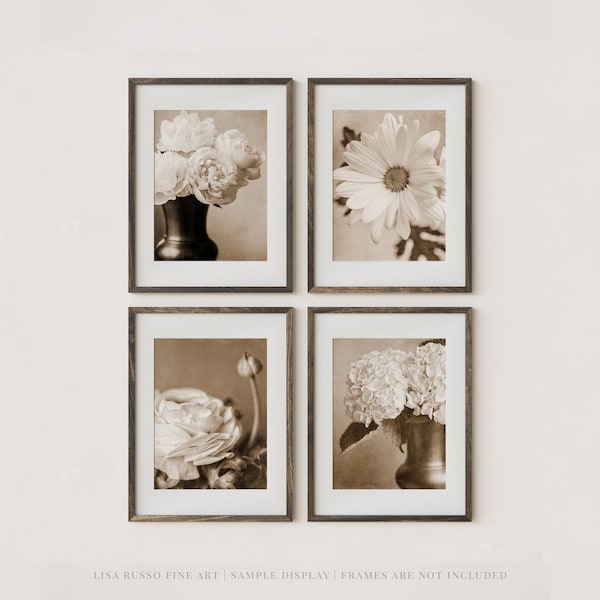 Sepia Floral Wall Art Canvas or Prints - Set of 4 - Antique-Look Bathroom Bedroom or Kitchen Decor - Gift for Mom