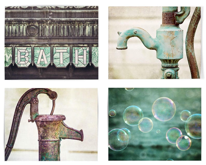 Vintage Bathroom Art Prints: Teal Green Farmhouse Set of 4 - Unframed Photography Prints image 4