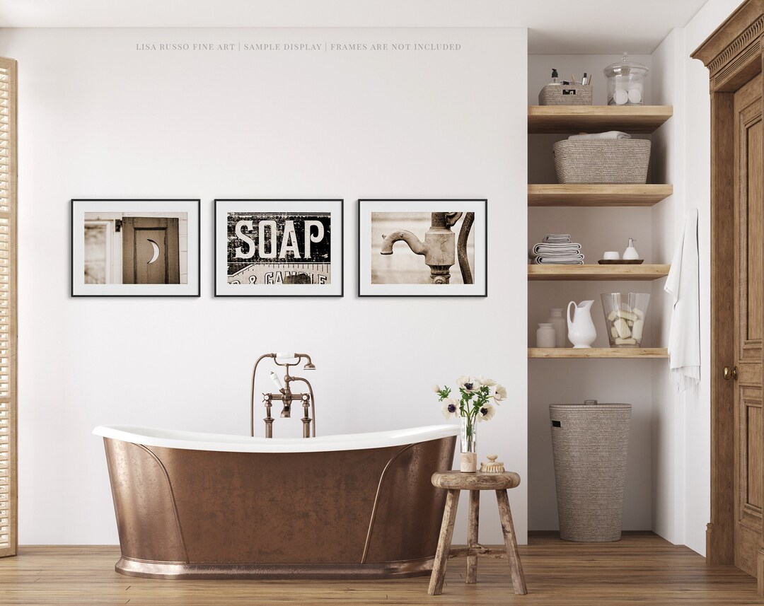 Sepia Farmhouse Bathroom Wall Art | Set of 3 | Old Time Vintage Look