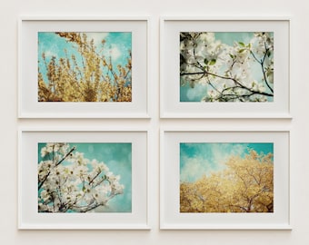 Elegant Teal Aqua and Yellow Floral Print or Canvas Set - Set of 4 Nature Photographs for Nursery Office Bedroom or Bathroom Wall Decor