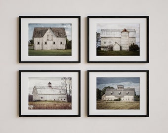 Farmhouse Wall Decor - Set of 4 White Barn Landscape Prints or Canvas Wraps for Living Room, Kitchen, Bedroom or Foyer Decor