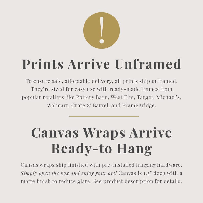 text that provides information about the arrival of canvas prints and the process of hanging them. It mentions that canvas prints are arriving unframed and ready-to-hang, and that they are ship-framed with pre-installed hanging hardware. The text also mentions that the canvas wraps are 1.5" deep with a matte finish to reduce glare. The image does not contain any additional information that can be described in fewer than 500 characters.