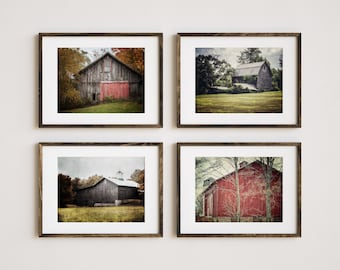 Red and Grey Rustic Farmhouse Barn Landscape Prints or Canvas - Set of 4 Vintage Rural Farm Pictures for Home Decor