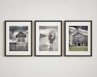 Rustic Grey Wall Art Prints - Set of 3 Barn and Windmill Pictures for Country Home Decor - Vintage-Style - Gift for Her