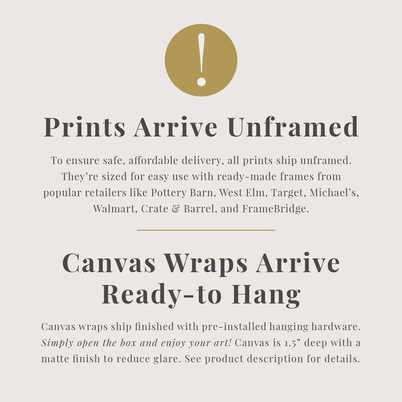text that provides information about the arrival of canvas prints and the process of hanging them. It mentions that canvas prints are arriving unframed and ready-to-hang, and that they are ship-framed with pre-installed hanging hardware. The text also mentions that the canvas wraps are 1.5" deep with a matte finish to reduce glare. The image does not contain any additional information that can be described in fewer than 500 characters.