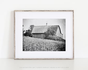 Black and White Farmhouse Barn Landscape Print - Rustic Wall Decor - Farm Photography