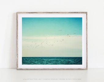 Fine Art Photography Print - Vibrant Minimalist Teal Blue Coastal Beach Sea Ocean Surf Seagulls - Home Decor - Wall Art