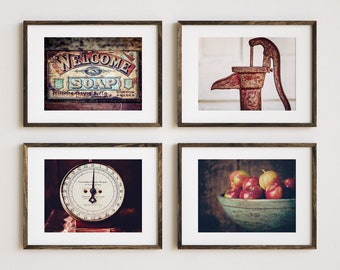 Red Kitchen Wall Art Set of 4 - Rustic Country Dining Room or Entryway Decor - Vintage Style Prints or Canvas - Gift for Her