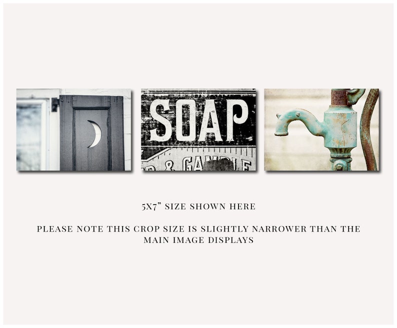 Rustic Bathroom Wall Decor Art Prints or Canvas, Farmhouse Country Bathroom Picture Set of 3, Soap, Outhouse Moon, Aqua Pump, Bath Wall Art image 8