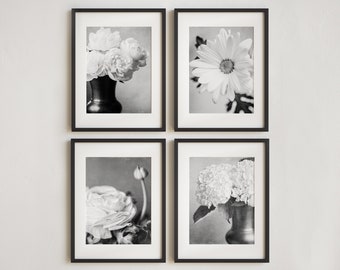 Modern Black and White Floral Wall Art - Minimalist Office or Bedroom Decor - Gift for Mom