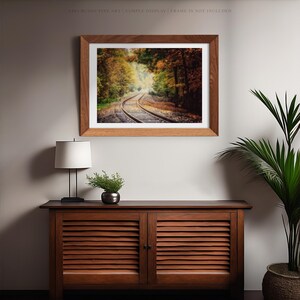 Autumn Railroad Wall Art Print | Foggy Forest Train Track Photography | Rustic Fall Nature Decor for Living Room or Office
