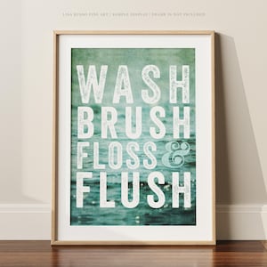 Wash Brush Floss Flush Print | Funny Bathroom Wall Art for Kids, Aqua Quote, Unframed, Modern Farmhouse Decor