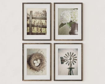 Farmhouse Gallery Wall Art Set: Beige Country Prints or Canvas (Set of 4) - Unframed Photography Prints