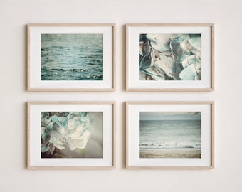 Coastal and Floral Wall Art Print Set - Pastel Blue, Aqua Beach Flowers, Sea, Ocean - Perfect for Bathroom, Bedroom, Nursery Home Decor