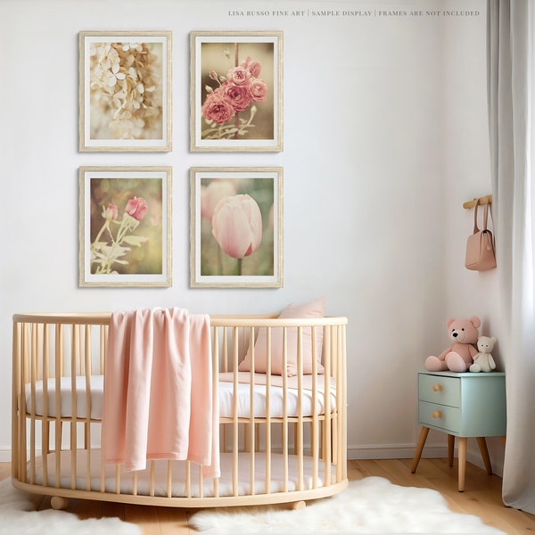 Conjunto de arte de pared floral rosa de 4 estampados de flores de estilo Shabby Chic - guardería, dormitorio, decoración de la pared del baño - rosas rosadas - regalo para ella, mujer