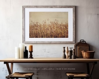 Autumn Wheat Field Landscape Wall Art Print - Farmhouse Decor Neutral Beige Gold - Warm Painterly Design