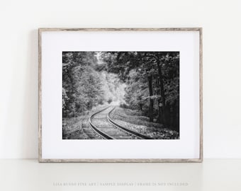 Black and White Train Tracks Landscape Wall Art - Fall Decor for Living Room or Office - Photo Print or Canvas Art