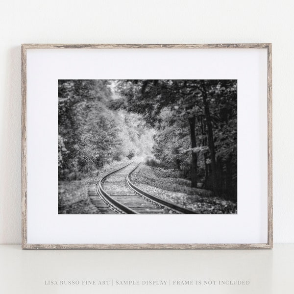 Black and White Train Tracks Landscape Wall Art - Fall Decor for Living Room or Office - Photo Print or Canvas Art