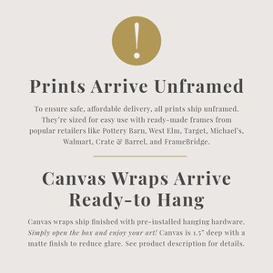 text that provides information about the arrival of canvas prints and the process of hanging them. It mentions that canvas prints are arriving unframed and ready-to-hang, and that they are ship-framed with pre-installed hanging hardware. The text also mentions that the canvas wraps are 1.5" deep with a matte finish to reduce glare. The image does not contain any additional information that can be described in fewer than 500 characters.