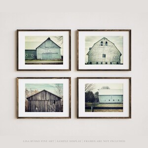 Blue Barn Landscape Print Set - Aqua Farmhouse Wall Decor - Rustic Blue Barn Pictures - Gift for Her - 4 Piece Set