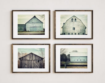 Blue Barn Landscape Print Set - Aqua Farmhouse Wall Decor - Rustic Blue Barn Pictures - Gift for Her - 4 Piece Set