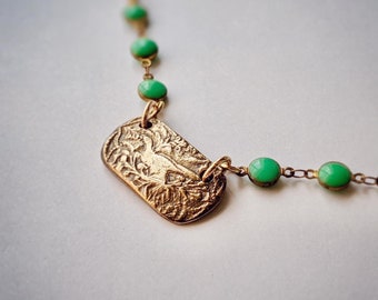 Bronze Peacock Bar Necklace with Green Beaded Chain