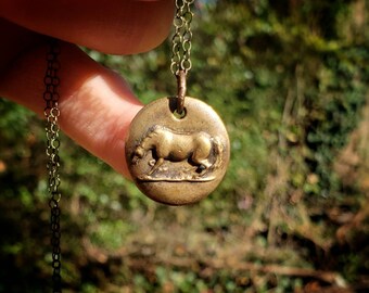 Handmade bronze coin horse pendant necklace